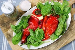 A white plate with two red peppers stuffed with white cheese and arranged on a bed of spinach salad next to a glass container with oregano