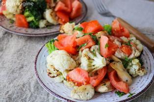 A plate filled with chicken pieces, cauliflower, broccoli and tomatoes