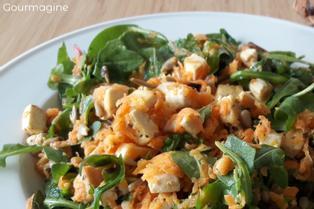 Weisser Teller mit grünen Salatblättern, geraffelte Rüebli und Tofuwürfel